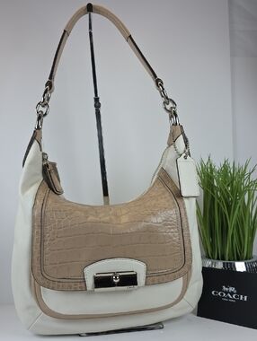 Coach Hobo Kristin Spectator Beige Croc-Embossed & Cream Shoulder Bag Nwt